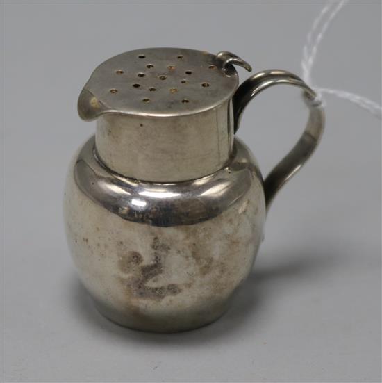 A late Victorian novelty silver pepperette modelled as milk can, Saunders & Shepherd, Chester, 1895, 39mm.